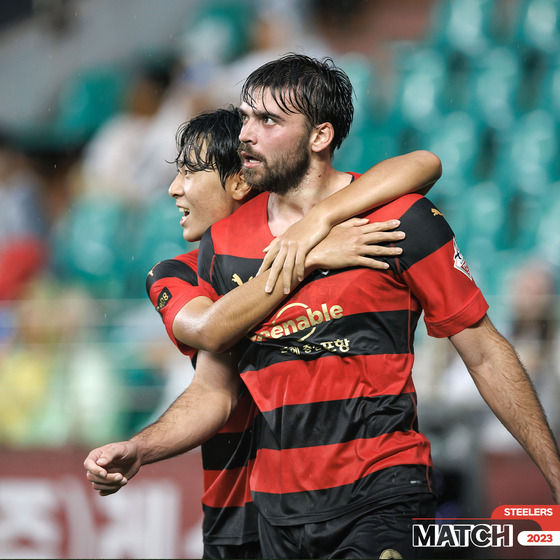 The Pohang Steelers' Zeca, front, reacts after scoring a goal during a K League match against Suwon FC at Pohang Steelyard in Pohang, North Gyeongsang in a photo shared on the Steelers' official Facebook account on Monday. [SCREEN CAPTURE]