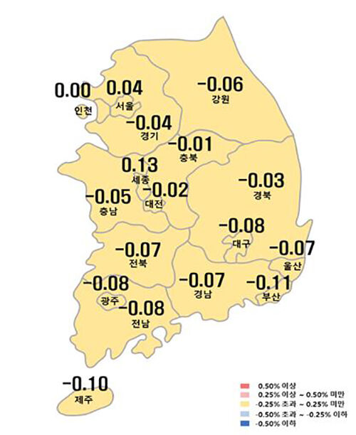 시도별 주간 아파트 매매가격지수 변동률 (사진=한국부동산원 제공, 연합뉴스)