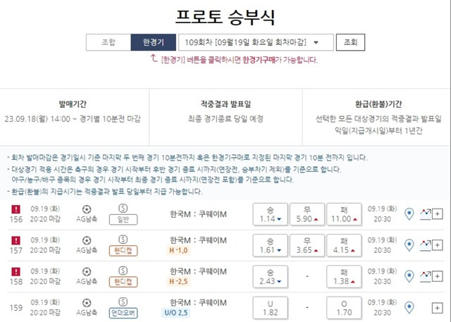 프로토 승부식 109회차 한경기구매 게임 일정