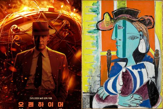 영화 '오펜하이머'(2023) 포스터와 영화 중 나온 피카소의 그림 '팔짱을 끼고 앉아있는 여인'(1937) [유니버설픽처스, 파리피카소미술관]