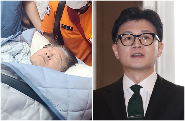 단식 중이던 더불어민주당 이재명 대표가 18일 건강 악화로 국회에서 병원으로 후송되고 있다. 오른쪽 사진은 이날 국회 본청에서 취재진 질문에 답하는 한동훈 법무부 장관. 연합뉴스