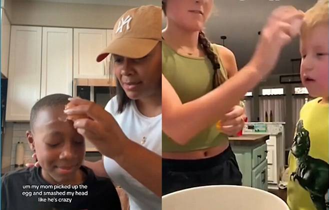 최근 동영상 플랫폼 틱톡과 유튜브에 부모가 자녀의 머리에 달걀을 깨고 즐거워하는 영상을 심심찮게 볼 수 있다. 이 영상들은 #eggprank라는 해시태그를 달고 유행처럼 번지고 있다. [미국 NBC NEWS보도내용 캡처]