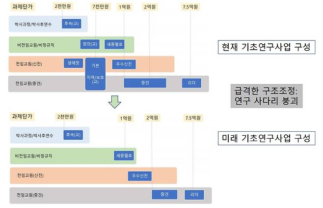 정부의 R&D 예산 삭감에 따른 기초연구사업 구성 변화. 연구자의 성장 수준에 따라 촘촘하게 짜여져 있던 지원 사업에 듬성듬성 빈 자리가 생기게 됐다./기초연구연합