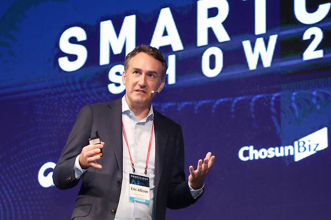 에릭 앨리슨 조비에비에이션 제품 책임자(부사장)가 21일 스마트클라우드쇼 2023에서 기조강연을 하고 있다./조선비즈