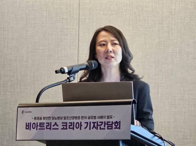 임현정 비아트리스 코리아 마케팅 총괄 전무가 21일 서울 강남 포포인츠 바이 쉐라톤 호텔에서 열린 '비아트리스 코리아 기자간담화'에서 발언하고 있다./사진=이창섭 기자