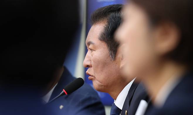 정청래 더불어민주당 최고위원이 2023년 9월 22일 오전 서울 여의도 국회에서 열린 최고위원회의에서 발언하고 있다. /남강호 기자