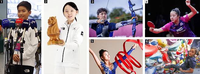 23일 공식 개막하는 항저우 아시안게임에 참가하는 한국 선수 중에는 초등학생 2명을 포함해 83명의 10대 선수가 있다. 이르게는
 대여섯 살부터 각자의 종목에 입문해 10대가 가기 전에 태극마크를 단 이른바 ‘신동’들이다. ➊ 스케이트보드 문강호와 ➋ 체스 김사랑은 모두 초등학교 6학년으로 12세인데 생일이 늦은 김사랑이 이번 대회 한국 선수단 최연소 선수가 됐다. ➌ 도쿄 올림픽 양궁 2관왕 김제덕과 ➍ 탁구의 신유빈도 10대 선수로 금메달에 도전한다. ➎ 리듬체조 손지인은 손연재 이후 9년 만에 개인전 메달을 노린다. ➏ 스포츠클라이밍의 서채현은 이번 아시안게임에서 시상대 가장 높은 곳에 오르겠다는 각오를 밝혔다. 항저우=뉴시스·동아일보DB