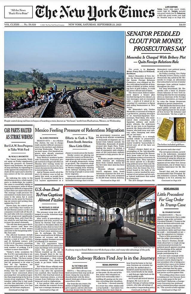 ▲미 <뉴욕타임스> 23일자 뉴욕시판(版) 1면. 중앙 하단(빨간색 실선 안)에 한국 지하철 무료탑승 노인들의 이야기를 다룬 기사가 실렸다. ⓒnytimes.com