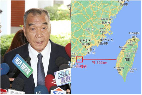 22일 대만 입법원에서 기자들의 질문에 답하는 추추이정 대만 국방부장(왼쪽)과 대만 국방부가 감시 중이라고 밝힌 중국 푸젠성 다청완과 대만 본섬 지도(오른쪽)