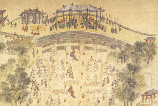 1760년 경진년 당시 다리(오간수문) 위에서 준천 작업을 지켜보는 영조의 모습(어전준천제명첩). 부산박물관 제공