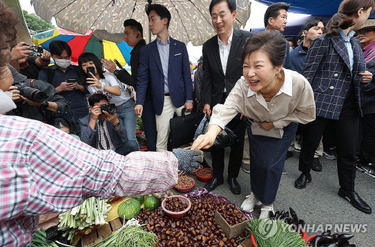 ▲ 박근혜 전 대통령이 25일 대구 달성 현풍시장을 찾아 장을 보며 상인들과 반갑게 악수하고 있다. 사진/연합뉴스