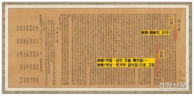 1919년 3·1 독립운동 선언서. 처음 찍은 인쇄물에서 활자를 잘못 배열하는 실수로 ‘조선(朝鮮)’이 ‘선조(鮮朝)’로 인쇄됐다. 이 독립선언서는 육당 최남선이 기초한 것인데, 당대의 한학자이자 서예가인 위창 오세창 선생이 ‘박탈’을 ‘박상’으로 수정했다는 일화가 있다.|예술의 전당 서예박물관 제공