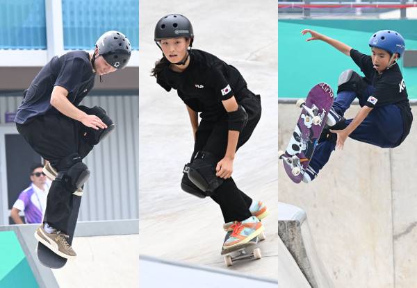 한재진, 조현주, 문강호(왼쪽부터)가 25일 항저우 첸탕 롤러 스포츠 센터에서 열린 항저우아시안게임 스케이트보드 파크 종목 결선에서 멋진 연기를 선보이고 있다. 전원 10대로 구성된 한국 스케이트보드 대표팀 선수들은 이날 입상에 실패했지만 모두 “재도전에 나서겠다”는 의지를 불태웠다. 항저우=이한형 기자