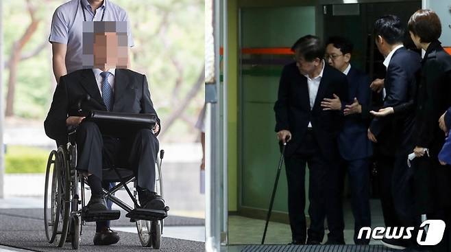 몇 몇 정치인, 재벌, 고위관료들이 휠체어 혹은 들것에 실려 법원에 출석하는 예(왼쪽)가 종종 있었다. 이재명 대표는 26일 영장실질심사를 받기 위해 서울중앙지법에 지팡이를 짚은 채 출석했다. 걸음을 옮기던 도중 힘이 부친 듯 휘청거리자 민주당 의원들이 서둘러 부축했다. ⓒ 뉴스1