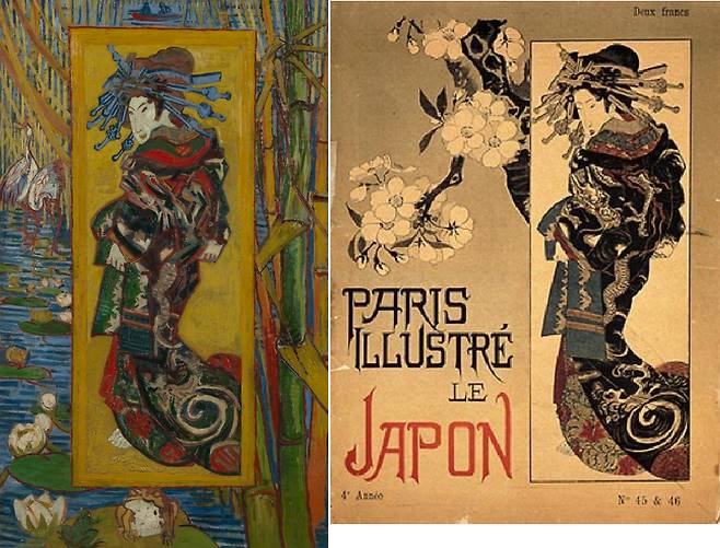 '게이샤'(1887년). 일본 화가 게사이 에이센의 모작이다. 1886년 4월 발행된 잡지(오른쪽)에 실린 그림을 따라 그렸다. [반 고흐 미술관]