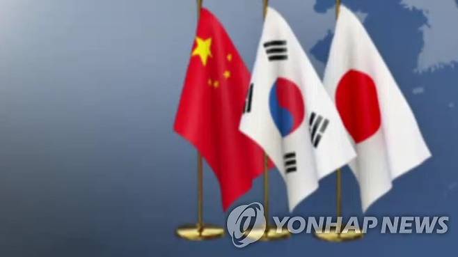 한 중 일 국기(CG) <연합뉴스TV 캡처> 작성 김선영(미디어랩)