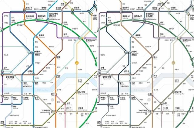 서울시가 지난 13일 공개한 '지하철 노선도 디자인(왼쪽)'과 색각 시뮬레이터(전색약)를 통해 변환한 지하철 노선도 디자인(오른쪽)을 비교한 이미지. 기사의 이해를 돕기 위해 재편집한 이미지로, 색각 이상자가 보는 실제 색상은 위 이미지와 다를 수 있다. 서울시 제공
