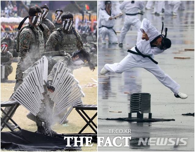 지난해 기념식에서는 특공무술 시범을 선보였지만 다수의 부상자가 발생해 논란이 있었다. 올해는 부상 위험이 조금 낮아진 태권도 시범을 선보였다. / 뉴시스