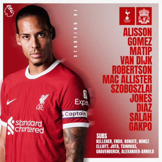 리버풀은 골키퍼 알리송을 시작으로 고메즈-마티프-반 다이크-로버트슨-맥 알리스터-소보슬라이-존스-디아즈-살라-각포가 선발 출전한다. 사진=리버풀 SNS