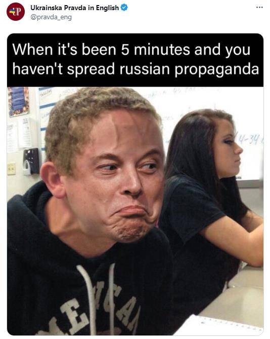 우크라이나 영문 매체 ‘우크라인스카 프라우다’ 가 일론 머스크를 비난하며 응수한 엑스 게시물 캡처