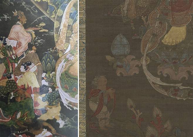 요괴까지 낀 남여 일행을 묘사한 일본 개인 소장 수월관음도(왼쪽)와 선재동자가 표현된 다른 수월관음도.