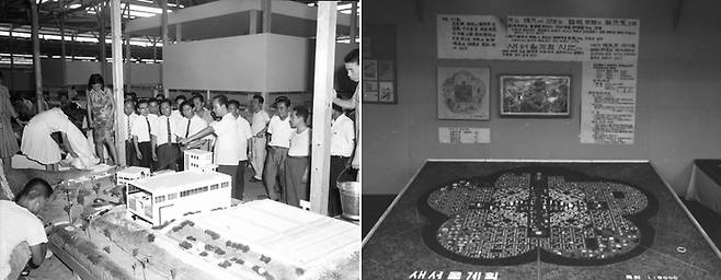 1966년 8월 시청 앞 광장에 마련된 서울도시계획 전시장에서 전시 담당자가 ‘대서울도시기본계획’, ‘새서울백지계획’ 등 각종 도시계획의 모형도와 도표 등을 김현옥 서울시장과 시민들에게 설명하고 있다(왼쪽). 오른쪽은 무궁화꽃잎 모양의 새서울계획 시안. [서울역사아카이브]