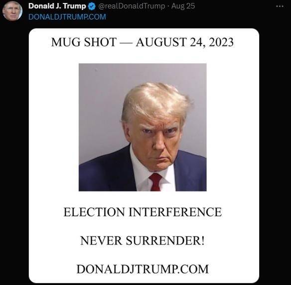 도널드 트럼프 전 미국 대통령이 X에 올린 머그샷 게시물 [사진=X 캡처]