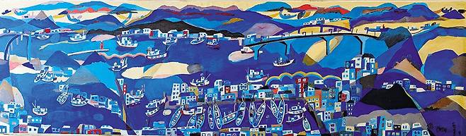 2005년 작 ‘한려수도의 추상적 풍경’. 가로 길이만 7m에 달하는 대작으로, 고향 통영에서 바라본 코발트빛 바다 풍경이 펼쳐져 있다. 화가가 90세에 완성한 그림이다. /개인소장