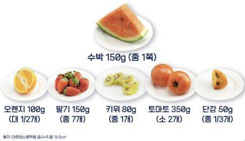 대한당뇨병학회가 제시한 과일 교환단위. 교환단위는 서로 바꿔먹을 수 있는 과일들의 중량을 말한다. 학회의 과일 섭취 권장량은 200ｇ이다. [대한당뇨병학회 제공]