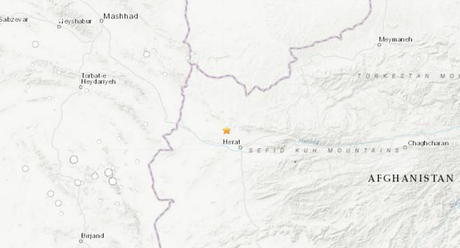 아프가니스탄 서부에서 7일(현지시간) 규모 6.3 강진이 발생해 120명이 숨지고 1000여명이 다쳤다. 사진은 미국 지질조사국(USGS)이 발표한 지진 진앙의 위치. /사진=USGS