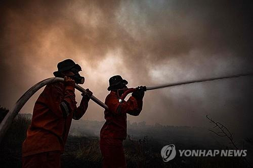 인도네시아 남수마트라 팔렘방에서 산불을 진화중인 소방관들  [AFP=연합뉴스 자료사진. 재판매 및 DB 금지]