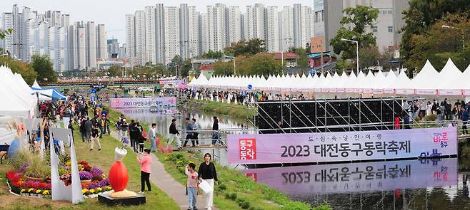 [대전=뉴시스]관람객들이 대전 동구 대동천에 마련된 '동구동락' 축제장 부스를 둘러보고 있다. (사진= 동구청 제공)  *재판매 및 DB 금지