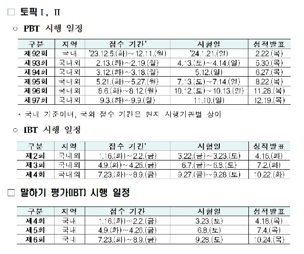 2024년 한국어능력시험 일정. (교육부 제공)