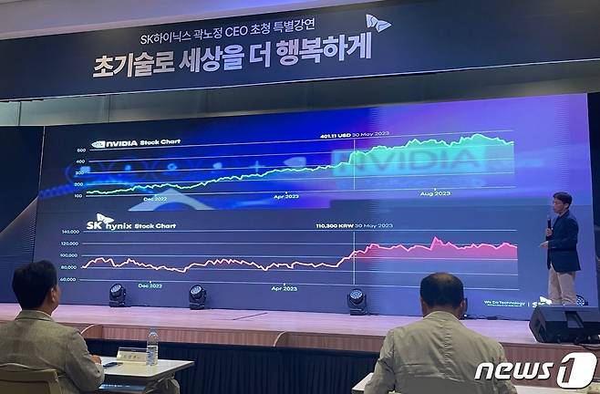 곽노정 SK하이닉스 사장이 11일 대전 유성구 한국과학기술원(KAIST)에서 ‘초기술로 세상을 더 행복하게’라는 주제로 특별강연을 진행하고 있다.  2023.10.11/뉴스1 ⓒ News1 강태우 기자