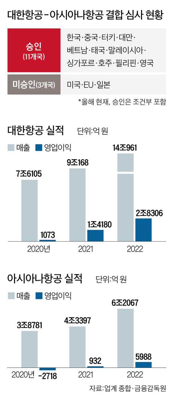 대한항공-아시아나항공 결합 심사 현황 그래픽 이미지. [자료제공=업계 종합, 금융감독원]