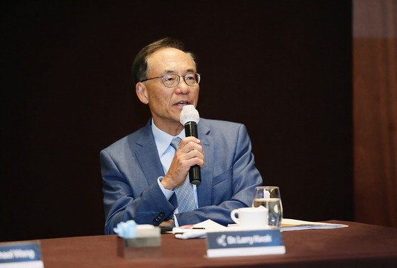 Dr. Larry Kwak, the scientific founder of PeproMene Bio and deputy director of City of Hope's comprehensive cancer center, speaks during a press and investor conference held in central Seoul on Thursday. [PEPROMENE BIO]