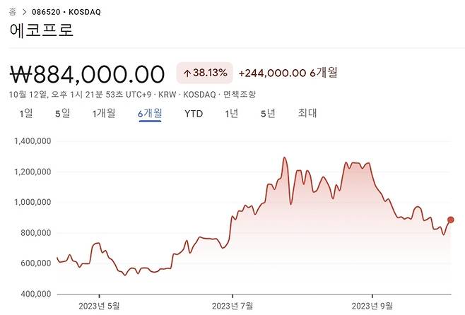 에코프로의 최근 6개월간 주가 추이. [출처 : 구글 파이낸스]