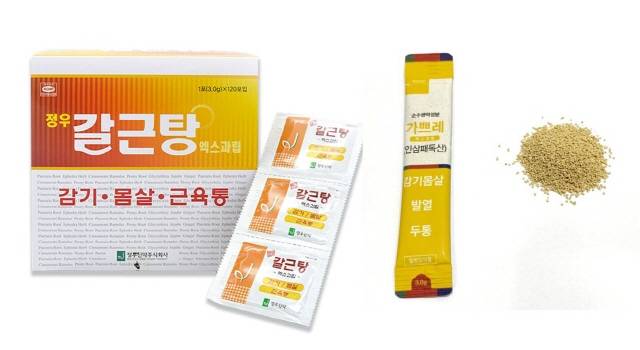 평소에 몸이 튼튼한 사람이 갑자기 감기 기운을 느낄 땐 '갈근탕', 허약 체질이며 감기 때문에 기력이 떨어진 상태일 땐 '인삼패독산'이 보다 적합하다./사진=경방신약, 정우신약