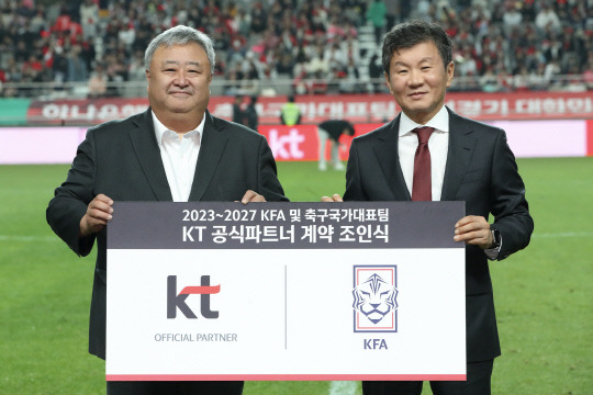 이현석(왼쪽) KT 커스터머부문 부문장과 정몽규 대한축구협회 회장이 기념 촬영을 하고 있다. KT 제공