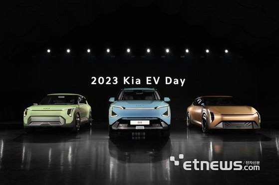 기아 준중형 전기 SUV EV5(가운데)와 EV3(좌), EV4(우)