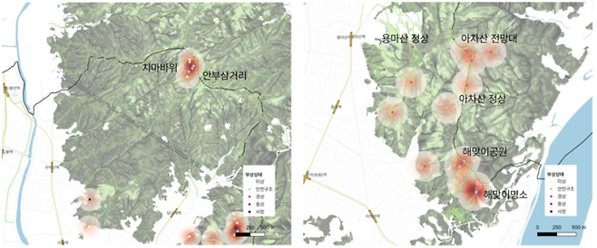 서울 수락산 조난 사고 지점과 아차산 실족추락 사고 지점. 서울시 제공