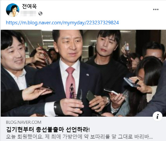 전여옥 전 국회의원 페이스북 게시물 갈무리.