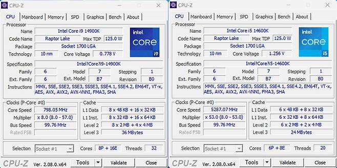 인텔 코어 i9-14900K의 CPU-Z 정보 및 i5-14600K의 CPU-Z 정보 / 출처=IT동아