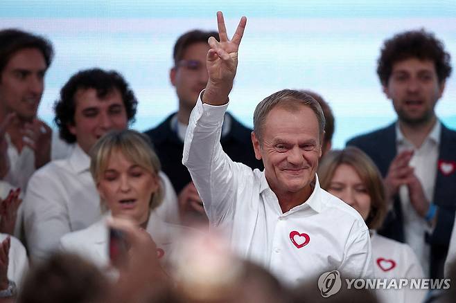 출구조사 결과보고 승리선언하는 도날트 투스크 시민연합 대표 [로이터 연합뉴스 자료사진 재판매 및 DB 금지]
