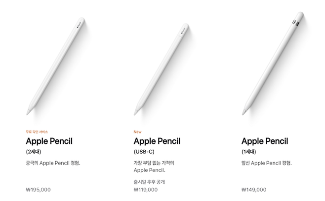 애플 홈페이지에서 소개하고 있는 애플 펜슬 시리즈. 중앙 제품이 이번에 발표한 신제품. [사진 출처=애플]