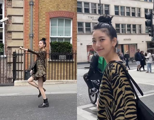 파격적인 지브라 패턴의 원피스로 매력적인 룩을 선보인 수지. 수지 유튜브 캡처