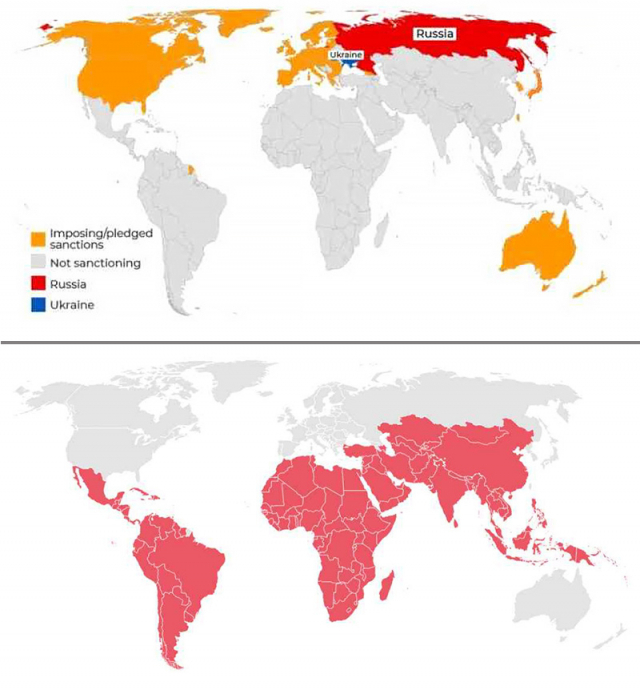 ▲ 위쪽 그림 중 주황색 표시가 된 국가는 올해 1월 28일 현재 러시아에 대한 제재에 참여한 국가, 회색 표시는 참여하지 않은 국가를 나타낸다. 아래 그림의 빨간색으로 표시된 국가는 '글로벌 사우스'(Global South, 미국과 유럽 및 일본과 대비되는 아시아, 아프리카, 남아메리카 등의 개발도상국을 일컫는 용어)에 포함되는 국가들이다. ⓒ알자지라 방송 갈무리(상), WEF 갈무리(하).