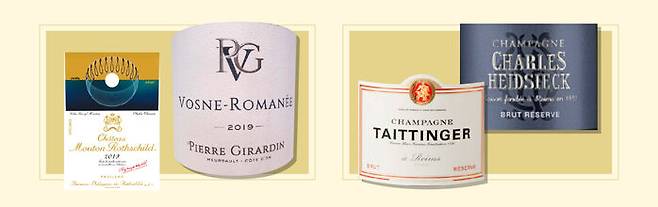 (좌)빈티지가 적혀 있는 레드 와인들의 라벨과 (우)빈티지가 적혀 있지 않은 샴페인 라벨