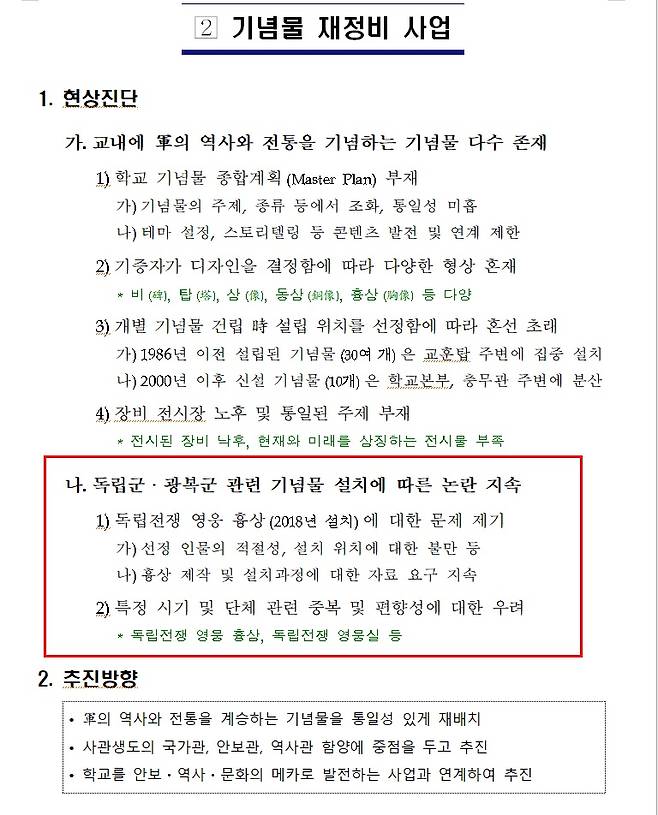 ▲육군사관학교가 지난해 11월18일 초일류 육사 구현을 위한 학교발전 현장토의를 한 결과를 작성한 자료. 사진=정성호 의원실