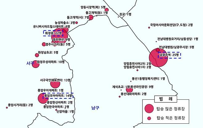 광주광역시가 장애인 탑승을 고려한 저상버스 우선 교체 대상을 합리적이고 과학적으로 선정하기 위해 빅데이터 분석에 나섰다. 사진은 저상버스 이용 현황 분석 이미지. 광주광역시 제공